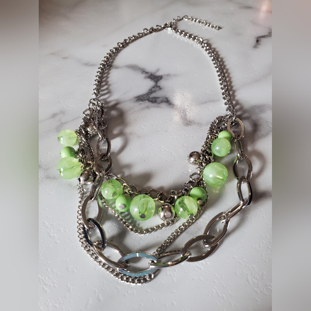 Silver Tone & Green Beads Multi Strand Necklace 💥3 for $24💥